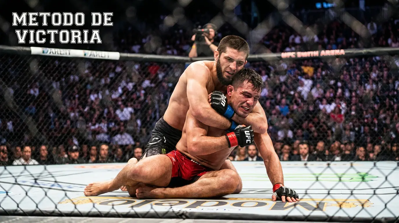 Peleador de MMA en el octógono aplicando una sumisión de triángulo bajo focos brillantes