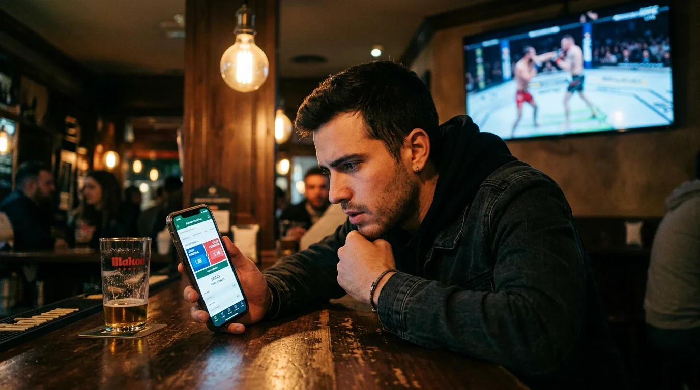 Pantalla de cuotas decimales de un combate de UFC con dos nombres de peleadores iluminados en azul y rojo